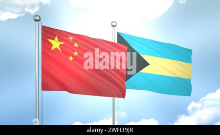Bandiera 3D della Cina e delle Bahamas sul cielo blu con sole splendente Foto Stock