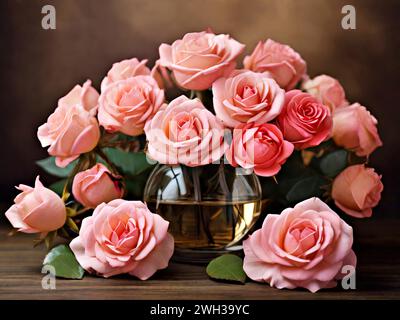 Bellissimo bouquet di rose rosa in un vaso di cristallo. Illustrazione Vettoriale