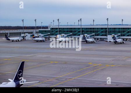 Lufthansa Streik in München die Beschäftigten der Lufthansa am Münchner Flughafen streiken. Die Gewerkschaft ver.di geht davon aus, dass sich über 800 Lufthanseat innen und Lufthanseat an dem Streik beteiligt haben. Betroffen sind die Bereiche Passage, Check-in, Technik, Technik-Logistik, Technik-Logistik-Services, servizi tecnici e operativi, Cargo, formazione tecnica e Centro operativo di volo. Terminale IM am Flughafen fanden sich heute nur sehr wenige passagiere ein. Lufthansa versucht, CA. 10-20% ihrer ursprünglichen Flüge durchführen zu können, auch innerdeutsche und Europaflüge. A. Foto Stock