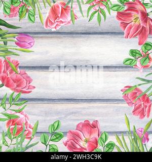 Tulipani e narcisi rosa su una superficie in legno grigio. Fiori primaverili con vegetazione. Tulipani doppi da giardino, boccioli di narciso, foglie. Illustrazione acquerello. Foto Stock