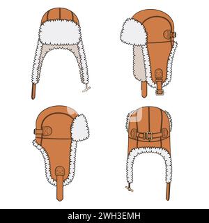 Set di illustrazioni a colori con berretto volante con alette auricolari. Oggetti vettoriali isolati su sfondo bianco. Illustrazione Vettoriale