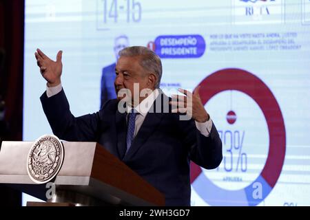 Città del Messico, Messico. 6 febbraio 2024. 6 febbraio 2024, città del Messico, Messico: Il presidente del Messico, Andres Manuel Lopez Obrador, parla durante la sua conferenza informativa al Palazzo Nazionale. Il 6 febbraio 2024 a città del Messico, Messico (foto di Luis Barron/Eyepix Group/Sipa USA). Crediti: SIPA USA/Alamy Live News Foto Stock