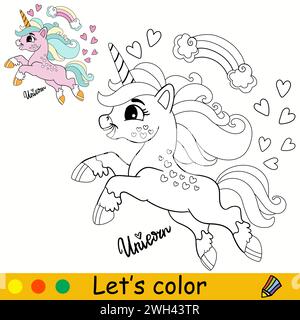 Cartoni animati che saltano l'unicorno. Pagina del libro da colorare per bambini. Carattere unicorno. Contorno nero su sfondo bianco. Illustrazione vettoriale isolata con colore Illustrazione Vettoriale