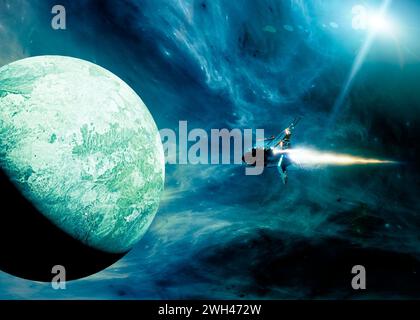 Futuristico mondo fantasy, nuovi pianeti e civiltà, conquiste nello spazio. Infrastrutture aliene di altri mondi, avamposto spaziale. Nave spaziale. fantascienza Foto Stock
