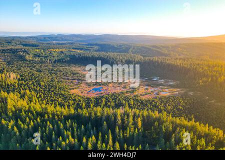 Paesaggio selvaggio boschivo e umido della brughiera di Prebuz nei Monti ore, ceco: Krusne hory, Cechia. Vista aerea dal drone. Foto Stock