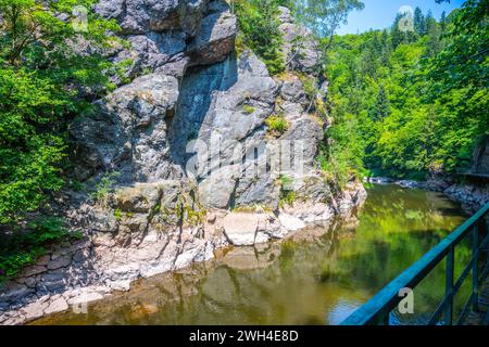 Sentiero con ponte di legno sopra il fiume Jizera. Rieger Trail tra Semily e Spalov. Cechia Foto Stock