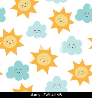Motivo senza cuciture con sole e nuvole. Sfondo per bambini con sole e nuvole carini. Illustrazione vettoriale. Illustrazione Vettoriale