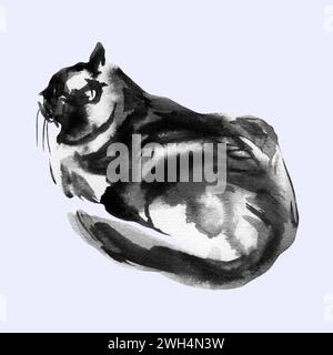 Schizzo astratto di gatto, macchie di animali, forme bellissime, tavolozza di colori pastello. Illustrazione acquerello di animali che dormono e che giace. Foto Stock