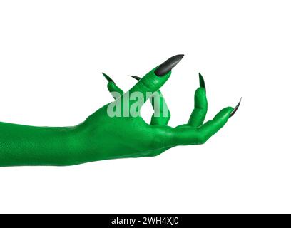 Mostro inquietante. Mano verde con artigli isolati su bianco Foto Stock