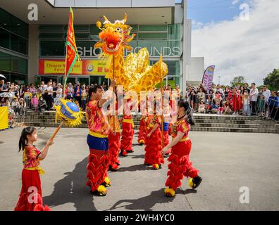 Auckland, nuova Zelanda - 3 febbraio 2024: Danza del drago alla celebrazione del nuovo anno cinese. Spettacolo gratuito al pubblico all'Auckland Showgrounds. Foto Stock