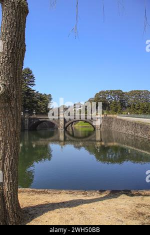 Il ponte Nijubashi e la torretta Fujimi Yagura presso il Palazzo Imperiale Giapponese di Tokyo, Giappone. Foto Stock