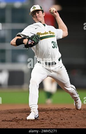 Arkansas Tech Wonder Boys LHP Jack Rector (30) durante la partita di baseball Houston Winter Invitational tra Southern New Hampshire Penmen e The Ark Foto Stock