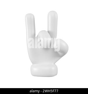 La mano carina dell'emoji bianca mostra un gesto di capra isolato. Simbolo roccia , icona e simbolo. rendering 3d. Foto Stock