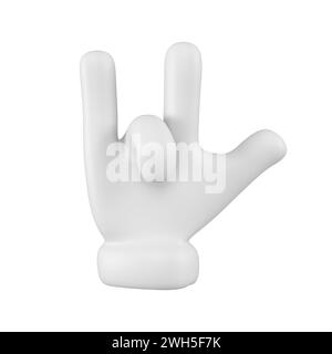 Mano emoji bianca mostra un gesto di capra isolato. Simbolo roccia , icona e simbolo. rendering 3d. Foto Stock