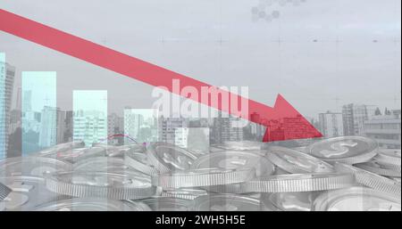 Immagine dell'elaborazione dei dati e delle monete sul paesaggio urbano Foto Stock