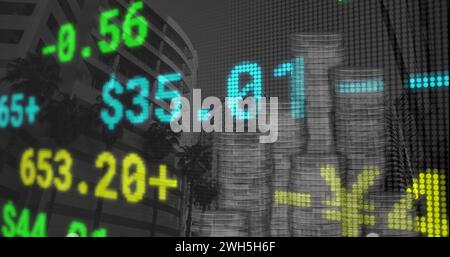 Immagine dell'elaborazione dei dati e delle monete sul paesaggio urbano Foto Stock