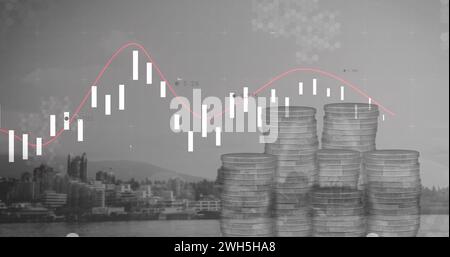 Immagine dell'elaborazione dei dati e delle monete sul paesaggio urbano Foto Stock