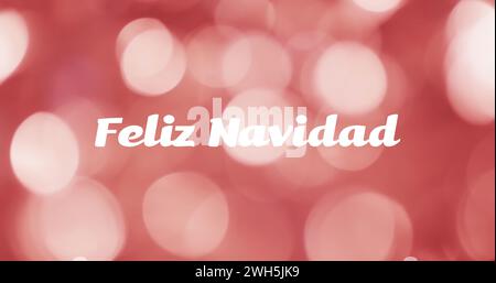Immagine del testo di feliz navidad su macchie rosse di sfondo chiaro Foto Stock