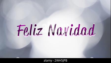 Immagine del testo di feliz navidad su macchie bianche di sfondo chiaro Foto Stock