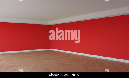 Angolo dell'interno vuoto rosso con soffitto bianco e Cornice, pavimento in parquet a spina di pesce lucido e White Plinth. Concetto di camera non arredata. Rendering 3D, Ultra HD 8K, 7680x4320, 300 dpi Foto Stock