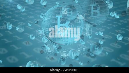 Immagine di bitcoin e icone digitali su numeri di codifica binari che cambiano su sfondo blu Foto Stock