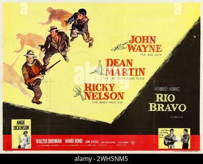 Poster cinematografico d'epoca per l'uscita americana del film Rio Bravo del 1959, John Wayne, Dean Martin, Ricky Nelson Foto Stock