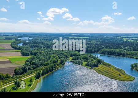 Lo sbarramento di Lech 23, chiamato Mandichosee a Lechfeld vicino ad Augusta dall'alto Foto Stock