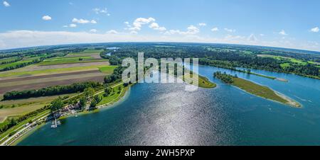 Lo sbarramento di Lech 23, chiamato Mandichosee a Lechfeld vicino ad Augusta dall'alto Foto Stock