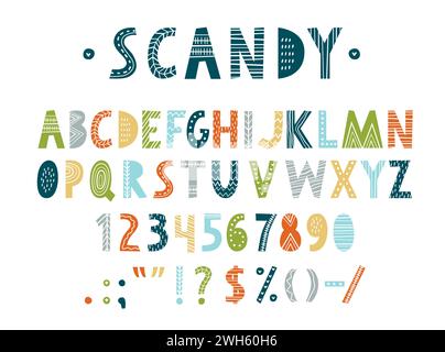 Carattere scandinavo, tipo nordico, carattere folk tradizionale, lettere e numeri dell'alfabeto inglese. Tipografia vettoriale abc caratteri per la nursery dei bambini. Font per bambini con motivi floreali boho e hygge Illustrazione Vettoriale