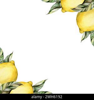 Illustrazione ad acquerello disegnata a mano con limone su un ramo con foglie. Composizione per poster, cartoline e banner decorativi e di design Foto Stock