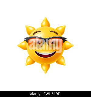 Sun emoji personaggio dei cartoni animati 3D con volto in occhiali da sole, divertente emoticon vettoriale con sorriso. Simpatico sorriso e fresco emoji solare giallo con gli occhiali da sole estivi mascotte per bambini e sorriso felice per un carattere allegro Illustrazione Vettoriale