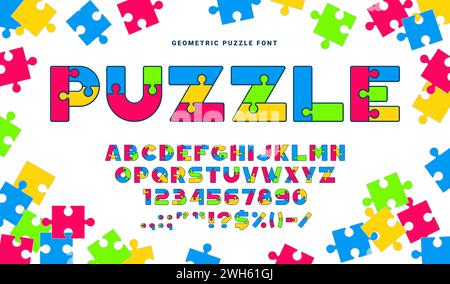 Carattere puzzle, tipo di gioco quiz o carattere puzzle e colore alfabeto inglese, lettere vettoriali ABC. Puzzle per bambini tipografia di pezzi di seghetto alternativo, arte creativa e istruzione scolastica colorato tipo di carattere mosaico Illustrazione Vettoriale