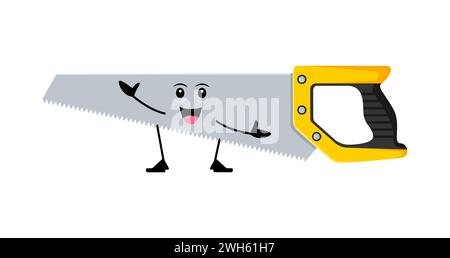 Cartoon Funny ha visto fai da te, costruire e riparare il personaggio degli strumenti. Strumento di falegnameria vettoriale isolato con un sorriso malizioso, pronto per avventure vivaci, aggiungendo umorismo a qualsiasi storia di Toolbox Illustrazione Vettoriale