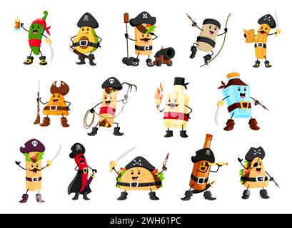 I personaggi dei cartoni animati pirata e corsair tex mex del cibo messicano e delle bevande. Simpatici capitano filibuster e marinai, personaggi vettoriali del fast food. Buon pirata taco, nachos, burrito e peperoncino, avocado e tequila Illustrazione Vettoriale