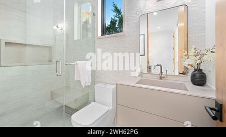 Bagno moderno con cabina doccia e lavandino beige Foto Stock