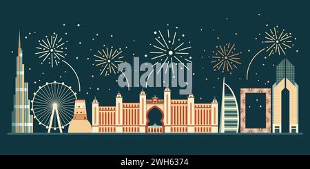 Festa nazionale sullo skyline notturno di Dubai Illustrazione Vettoriale