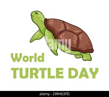 Giornata mondiale delle tartarughe 23 maggio in semplice cartone animato, stile piatto. Crea banner per social media, card, post. Illustrazione vettoriale isolata su sfondo bianco. Illustrazione Vettoriale