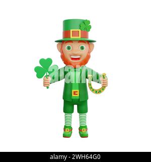 Illustrazione in 3D di un allegro leprechaun, con un trifoglio fortunato e un ferro di cavallo dorato, perfetto per St. Progetti a tema per il giorno di Patrick Foto Stock