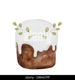 Clip art in acquerello kulich retrò di Pasqua su sfondo bianco. Cottura tradizionale cristiana tritata a mano con rametti verdi. Cupcake festivo per cristo Foto Stock