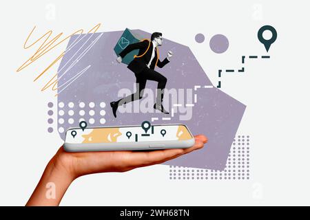 Immagine fotografica creativa esecuzione giovane uomo d'affari servizi di consegna spedizione ricezione ordine borsa postale smartphone geolocalizzazione navigatore Foto Stock