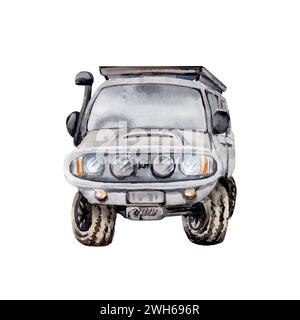 Vista frontale della vettura bianca con portapacchi. Elemento disegnato a mano per avventura, turismo, turismo, outdoor, fuoristrada 4x4, riparazione di auto, progetti di campeggio. WA Foto Stock