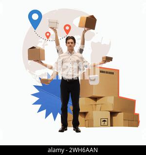 Uomo con più mani che regge scatole con mappa globale e spille di posizionamento sullo sfondo. Velocità e precisione nella consegna dei pacchi. Design moderno e creativo. Foto Stock