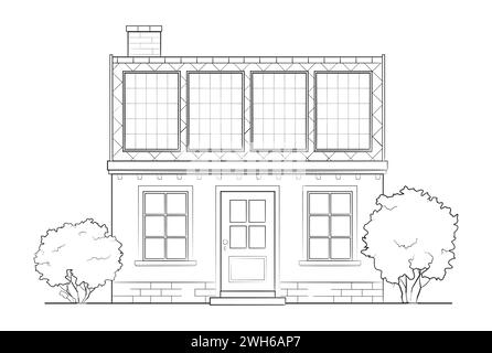 Vecchia e classica casa familiare con pannello solare - illustrazione di un edificio Illustrazione Vettoriale