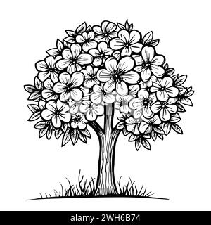 Albero con foglie e fiori silhouette su sfondo bianco. Colorazione del vettore di pagine del libro Illustrazione Vettoriale