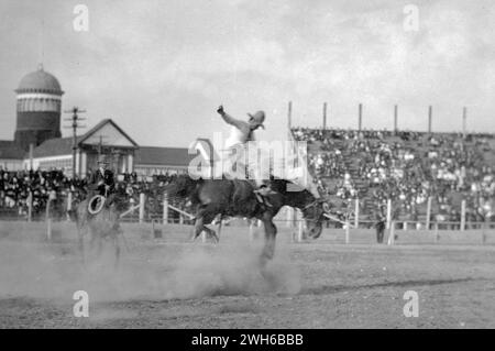 Calgary Stampede, Canada. 1919. "Emery le Grand su uno alto". Equitazione in un rodeo Foto Stock