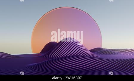 Design minimalista in 3D con un'onda retrò e un sole in vetro, che fondono estetica moderna con elementi nostalgici. Foto Stock