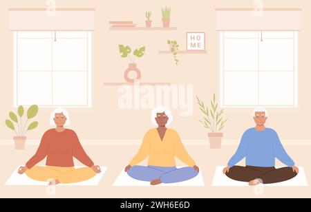 Gruppo di persone anziane diverse con gambe incrociate e occhi chiusi che meditano a casa. Persona anziana seduto in una camera accogliente e praticando yoga o Illustrazione Vettoriale