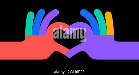 Firma a mano Heart Love. Simbolo colorato cuore amore mani gesto. Le mani che danno segni forma al cuore con le dita. Cartolina di auguri, poster, striscione. Love emoji concept San Valentino. Illustrazione vettoriale Illustrazione Vettoriale