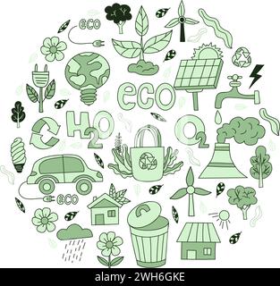 Stile di vita ecologico. Set di scarabocchi disegnati a mano ecologici. Nessuna plastica, rispetta l'ambiente, Zero rifiuti, Riduci, riutilizza, rifiuti, tecnologia ecologica, auto, casa e.. Illustrazione Vettoriale