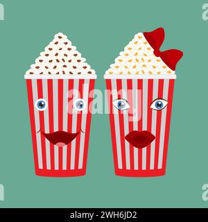 Due secchi pieni di popcorn con facce. Illustrazione vettoriale isolata. Illustrazione Vettoriale